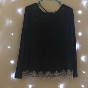Rewind Lace Trim Criss Cross Back Long Sleeve Top